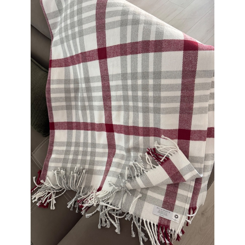 Boll & Branch Organic Cotton Plaid Throw Blanket Red Grey White Fringe 71x56